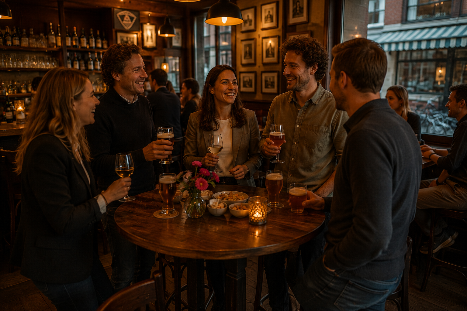 Gezelschap geniet van wijn en hapjes tijdens een borrel bij Cafe Salud Groningen